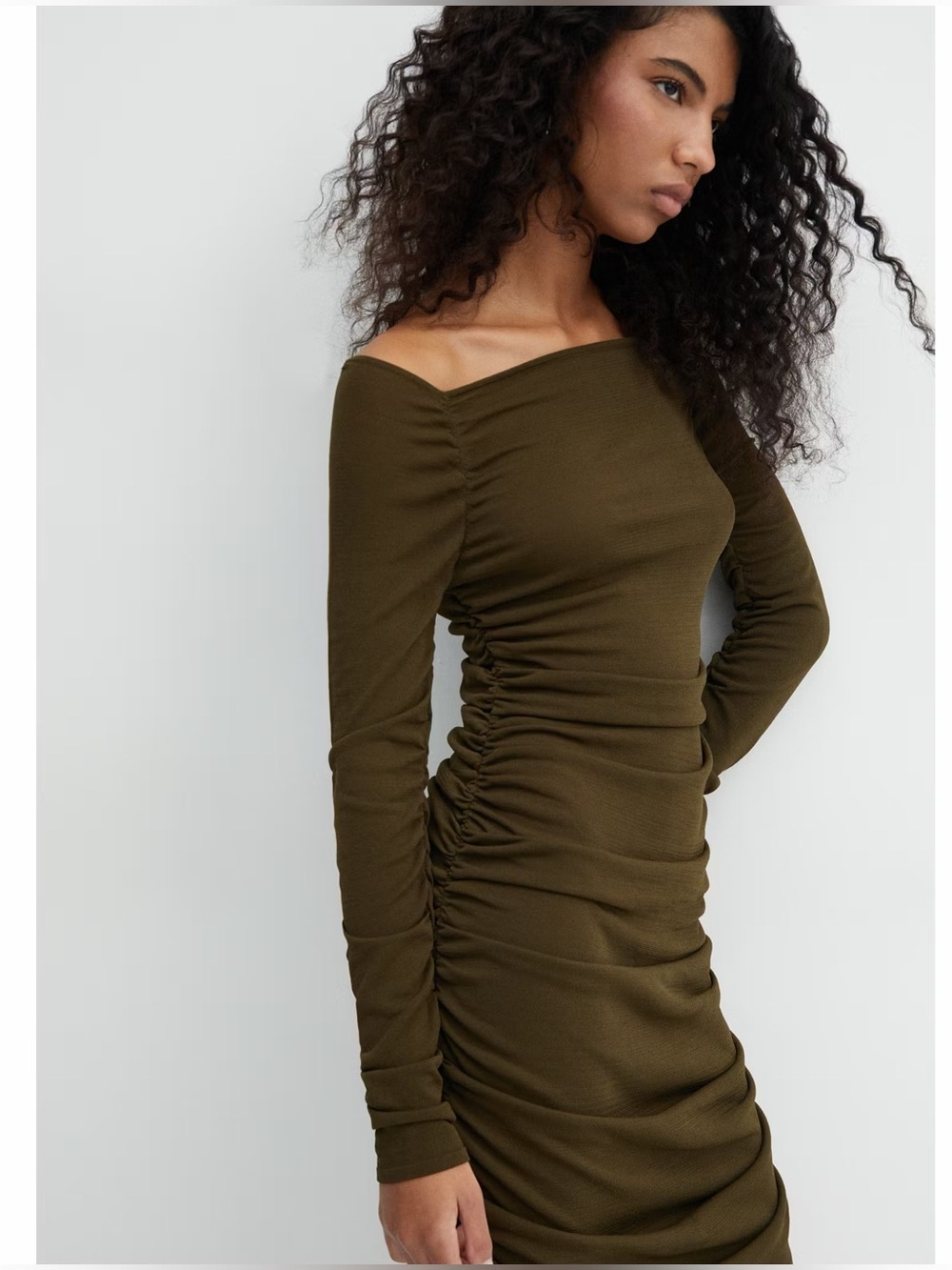 Mango Olive gathered dress with square neckline NWT